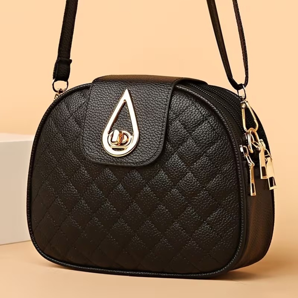 Black Quilted Faux Leather Crossbody Bag Gold Hardware Turn Lock Camera Bag